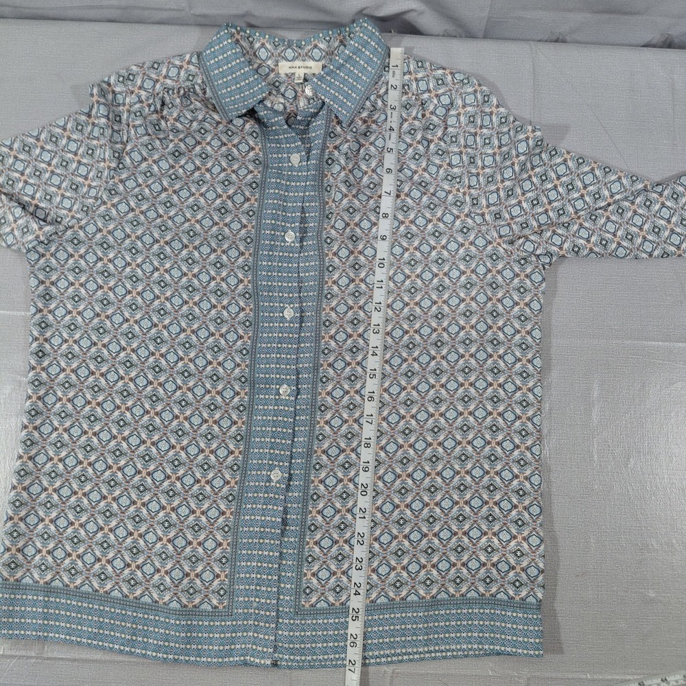 Max Studio Semi Sheer Chiffon Button Up Long Sleeve Blouse LG Geometric Blue - Picture 9 of 10